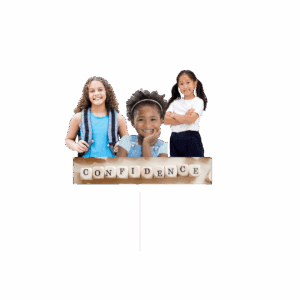 Three girls with the word confidence in blocks