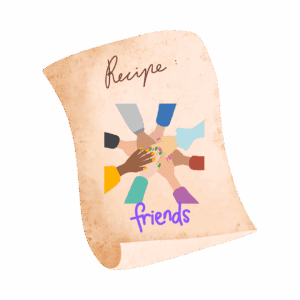 Recipe card with hands all gathered in the center and the word friends on it.