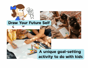 Picture with kids drawing pictures and Rachel Rye drawing a black and white image of herself with the words "Draw Your Future Self, A unique goal-setting activity to do with kids."