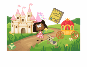 A graphic picture that has PJ Pumpernickel and Pepper outside a castle with a carriage and a book of fairy tales.