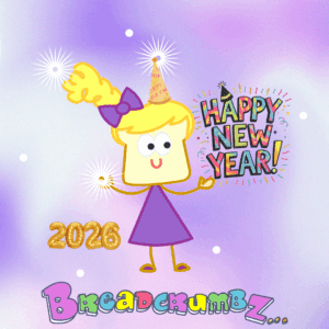 picture of samantha sourdough with a purple background and the words "Happy New Year" and 2026 in the background.