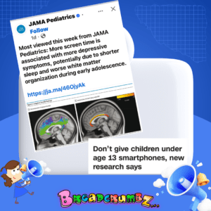 picture of Rachel Rye with a megaphone and a snippet of a JAMA article about the effects of screen time on kids' mental health and the words "Don't give smartphones to kids under 13"
