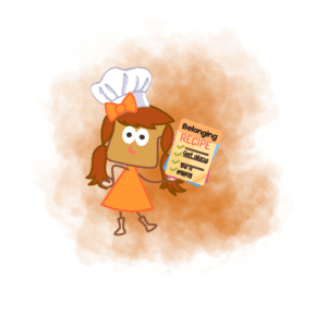 Picture of Whitney Wheat with a chef's hat on, holding a recipe card that says "Belonging."