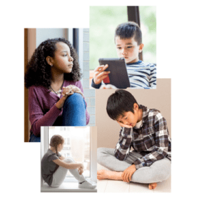 A picture of three different kids appearing to be lonely, and one boy on an electronic device.