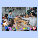 Picture showing a family eating dinner together, with Rachel Rye in the bottom left corner, a symbol of "no phones" in the bottom right corner, and the word "Breadcrumbz" on the bottom.