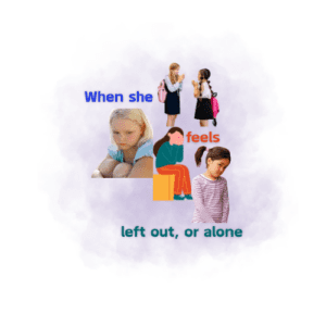 A collage picture of girls two talking, two looking sad and the words "When she feels left out or alone."
