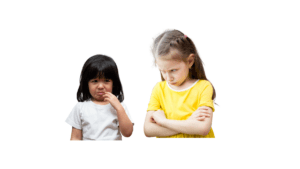 Picture of two girls where one girl has her arms crossed, and the other is crying.