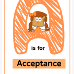 Picture of the letter A with orange scribbles in it and Whitney Wheat on the inside circle, with the words "A is for Acceptance," and "A Breadcrumbz Tale."