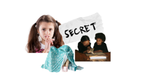 A picture of a girl with her finger up to her mouth, two kids under a blanket, and two kids laughing secretively at something with the word "Secret."