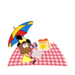 Penelope Pumpernickel sitting on a picnic blanket with an umbrella and a calendar for June 2026