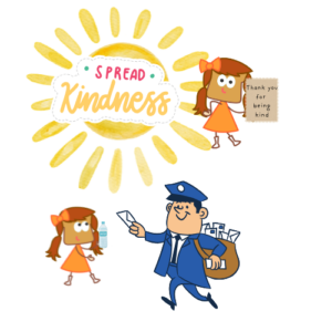 picture of Whitney Wheat giving a bottle of water to a postal worker, another pic of Whitney Wheat with a note that reads "Thank you for being kind." And a sun with the words "Spread Kindness."