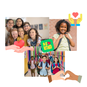 Three pictures that show kids in school, one with just a girl holding the straps of her backpack and hands that display hearts. A sticker with "Be Kind" in the middle.