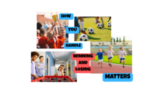 A picture of kids raising a trophy, legs kicking soccer balls, three kids playing air hockey and a disappointed little girl, and kids in a track race, and the words "How you handle winning and losing matters."